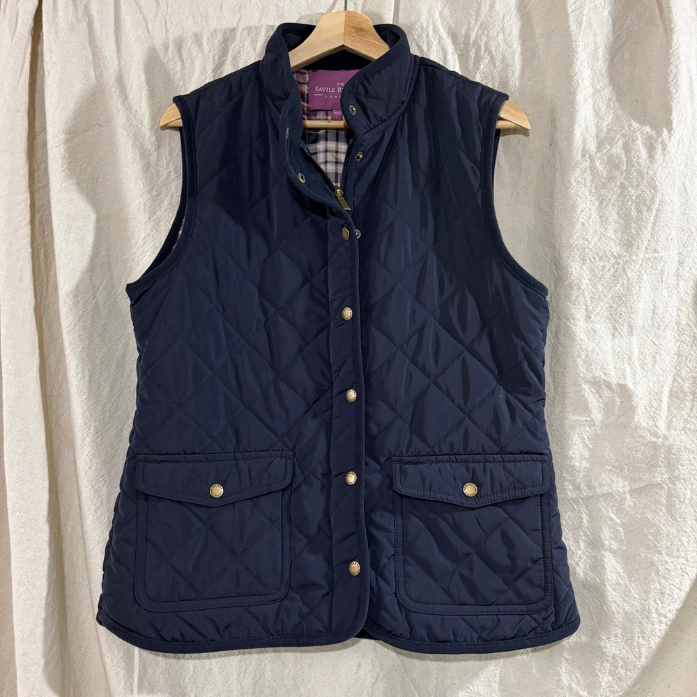Savile Row Co Quilted Vest Navy Blue Plaid Lining Women Large Equestrian Preppy